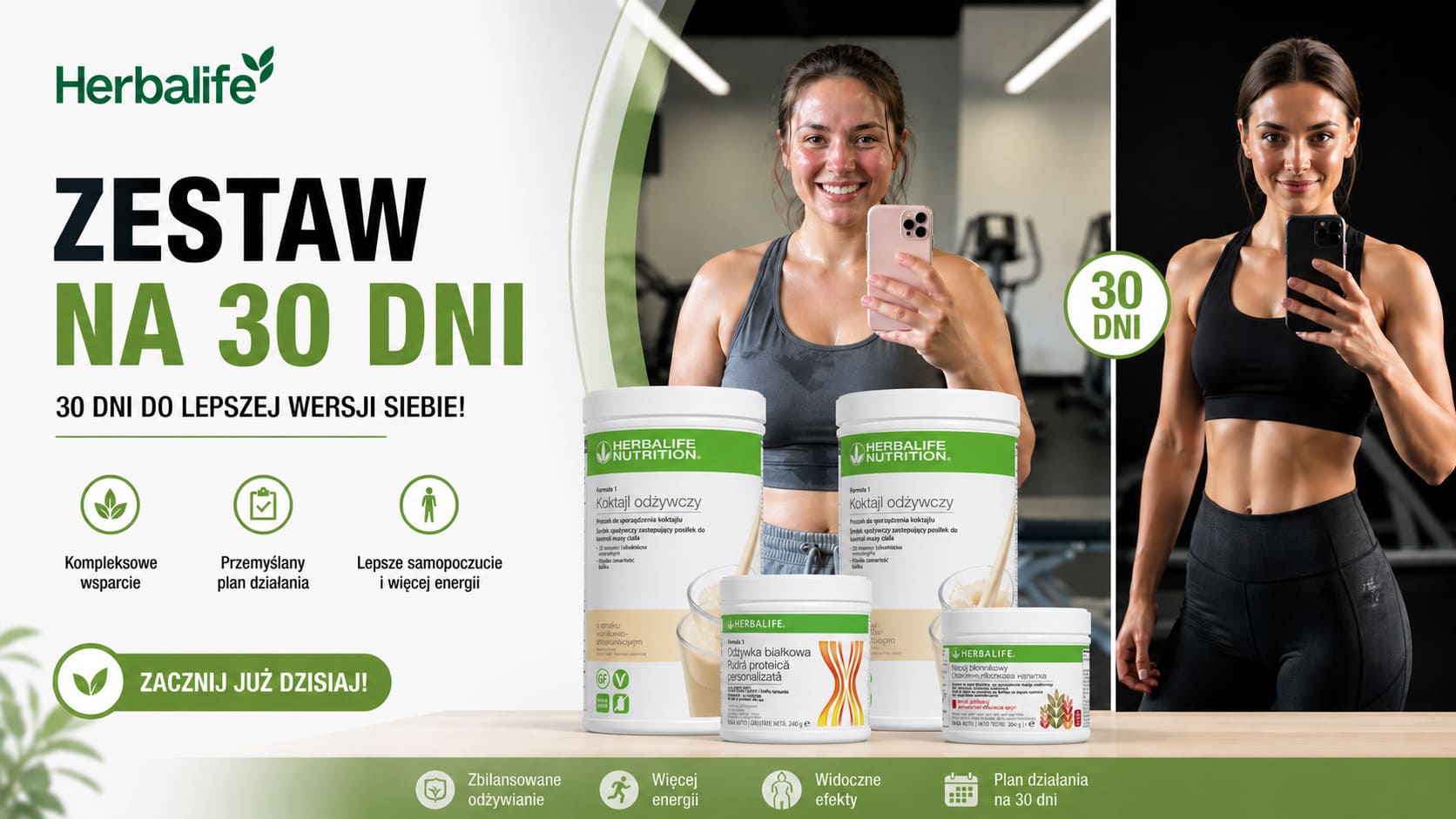 Metamorfoza sylwetki kobiety przed i po treningach oraz zestaw Herbalife na 30 dni ustawiony na blacie