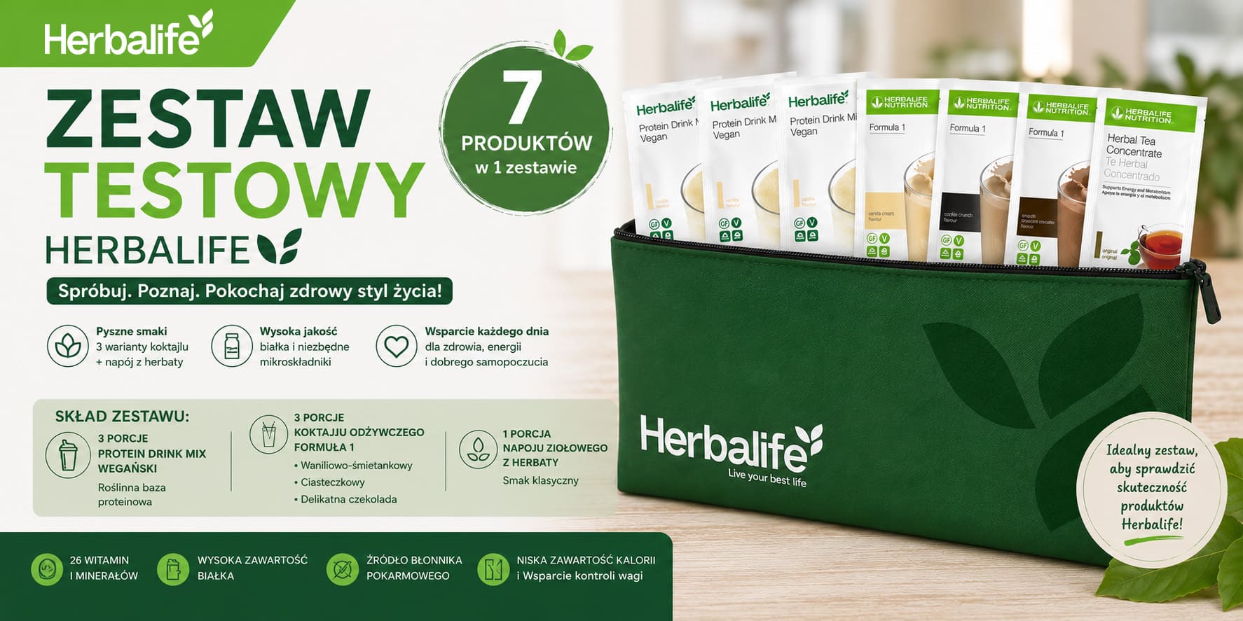 Zestaw Testowy Herbalife, saszetki koktajlu Formuła 1 i produktów proteinowych